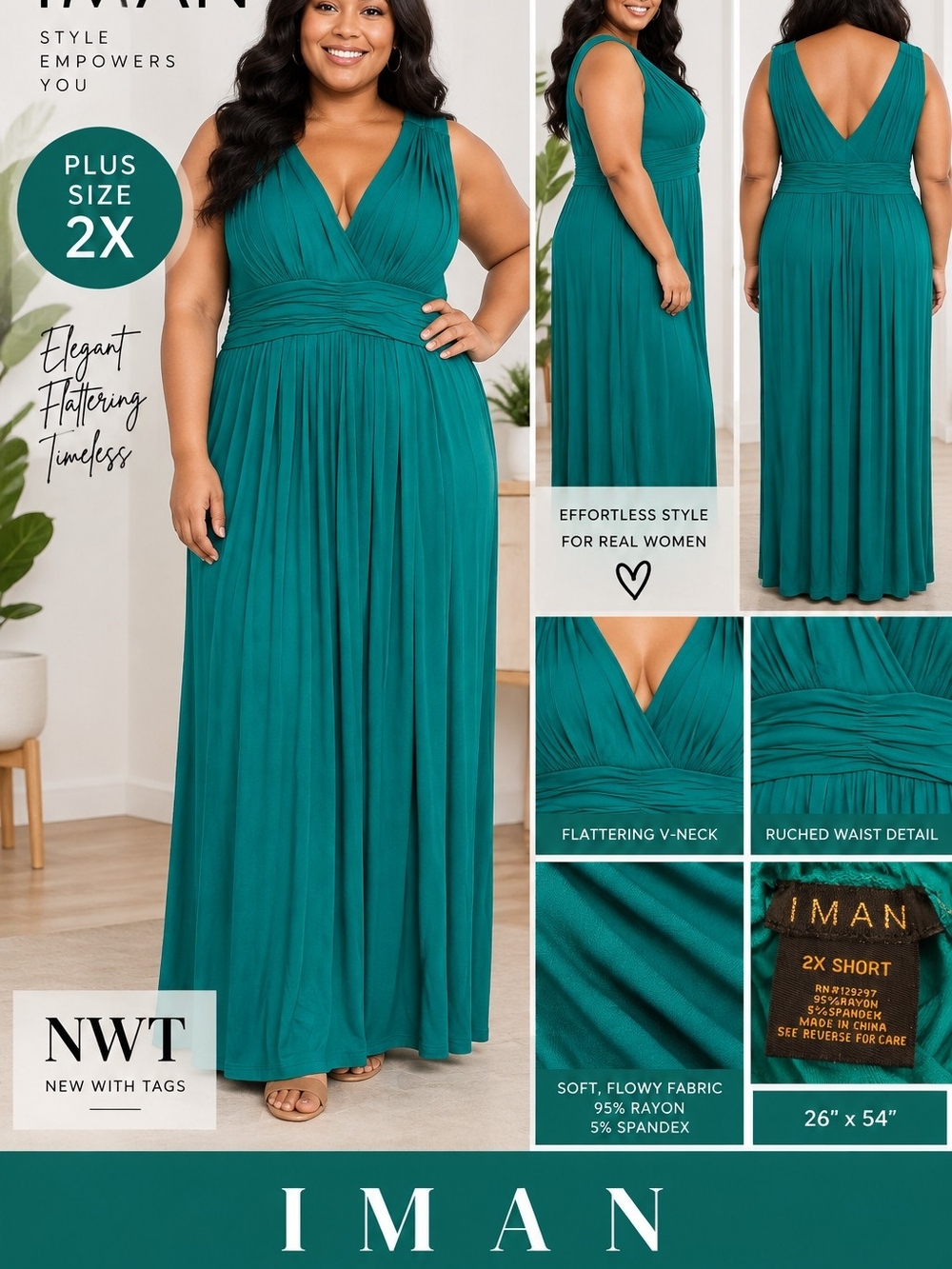 IMAN 2X Short Teal Ruched Waist Sleeveless Maxi Dress